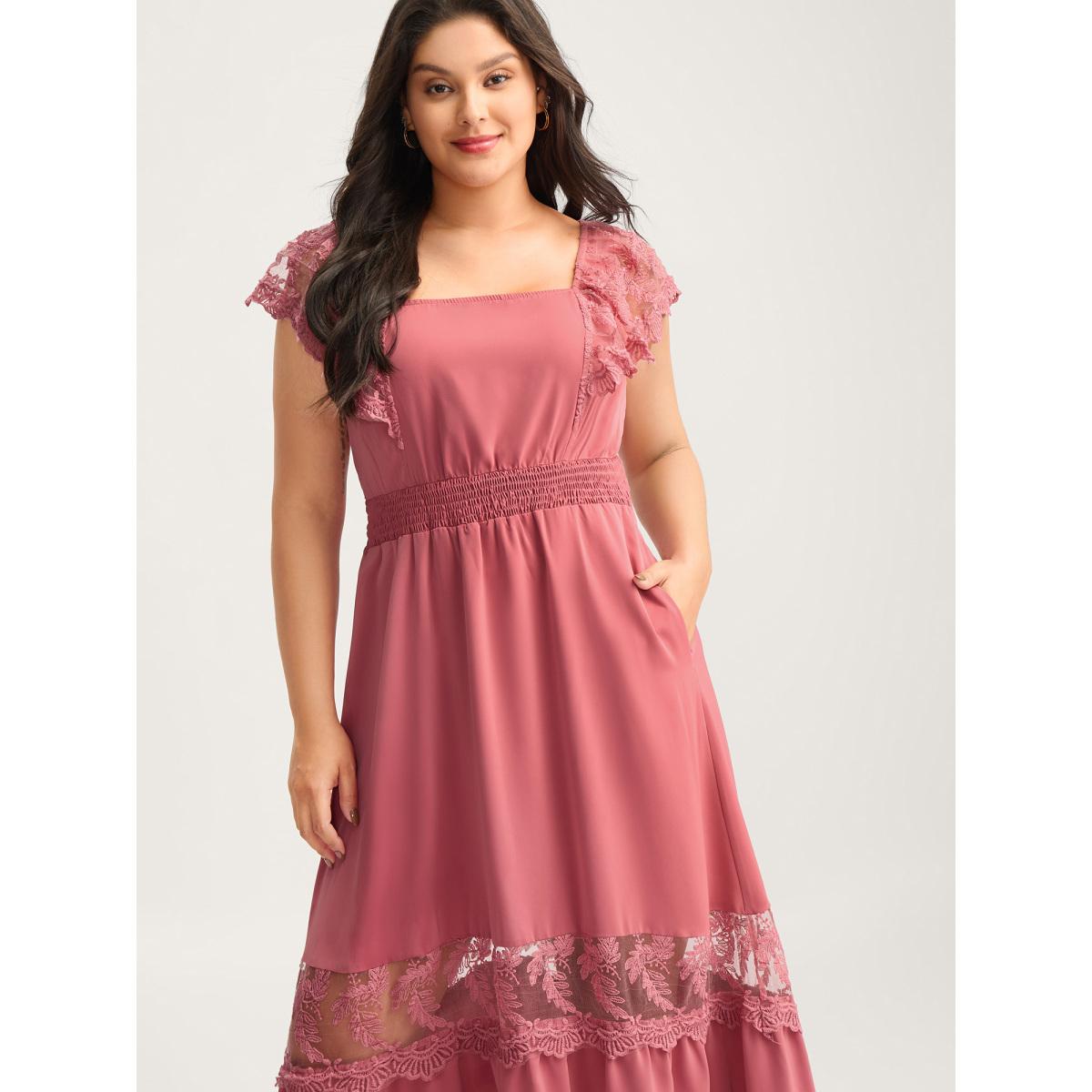 Plus Size Lace Trim Shirred Waist Midi Dress Beanpastepowder Women Square Neck Sleeveless Curvy BloomChic 30/6X Product Image