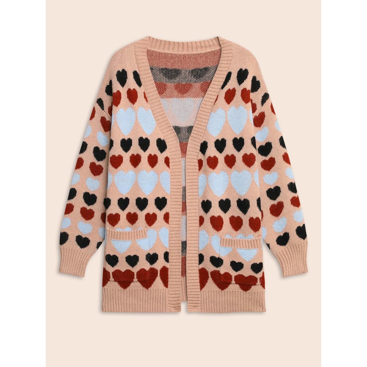 Plus Size Contrast Heart Patch Pocket Cardigan Nudepink Women Casual Loose Long Sleeve Everyday Cardigans BloomChic 14-16/1X Product Image