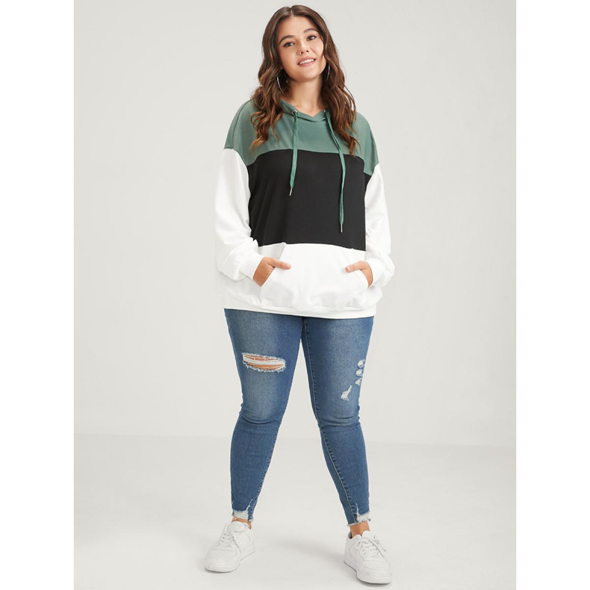 Plus Size Colorblock Contrast Drawstring Pocket Hooded Drop Shoulder Sweatshirt Women Multicolor Casual Contrast Hooded Dailywear Sweatshirts BloomChic 14-16/1X Product Image