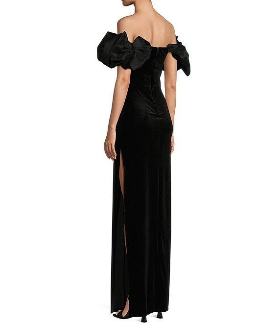 B. Darlin Taffeta Off-The-Shoulder Bow Trim Side Slit Long Dress Product Image