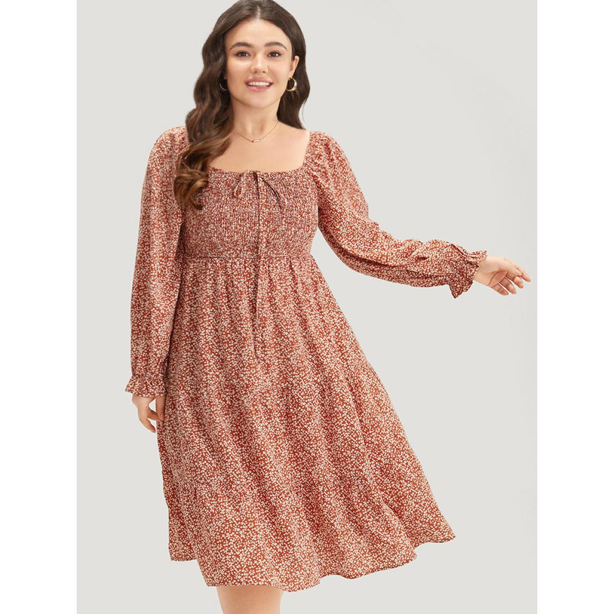Plus Size Ditsy Floral Pocket Shirred Ties Dress Rust Women Elegant Elastic cuffs Square Neck Long Sleeve Curvy Midi Dress BloomChic 26/4X Product Image