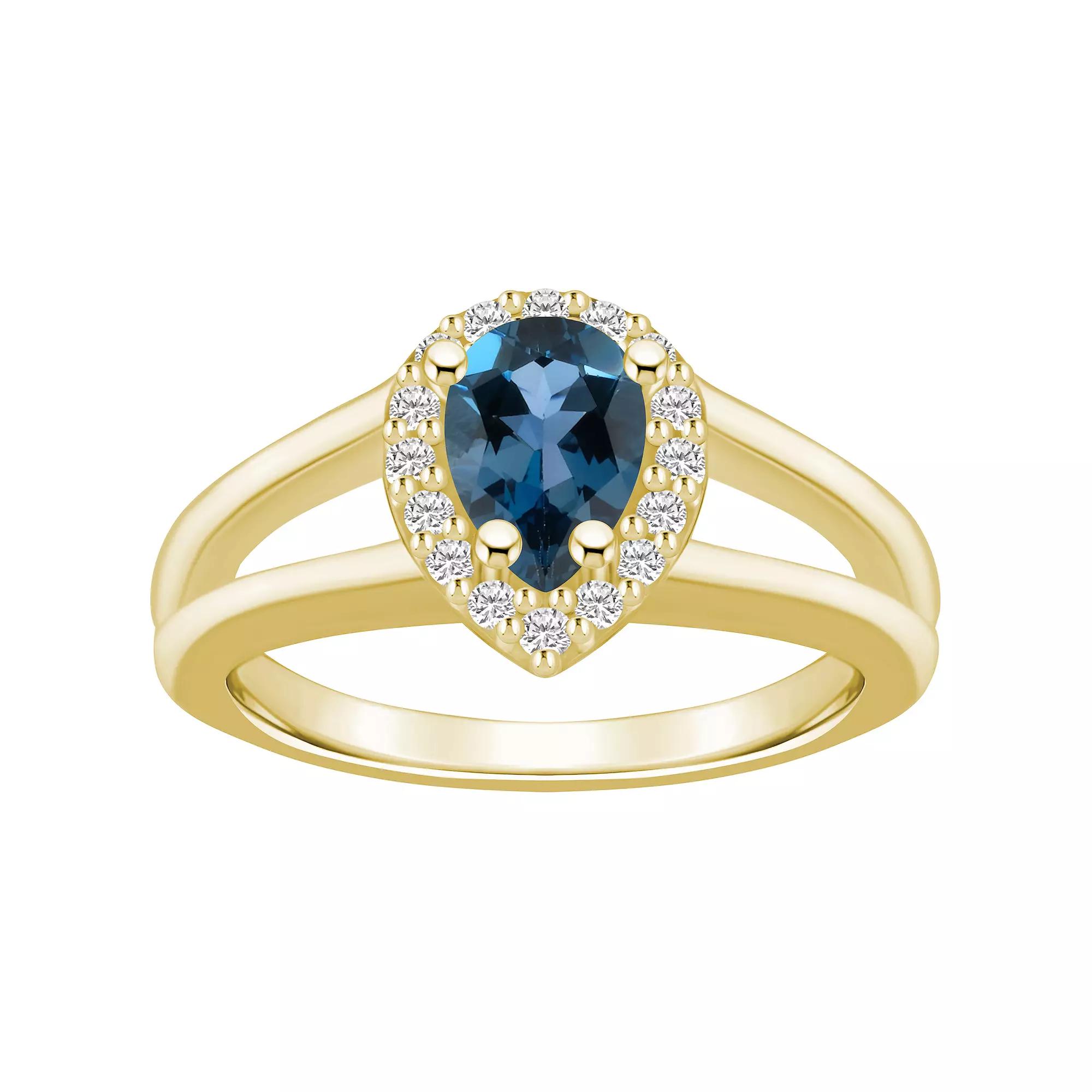 Alyson Layne 10k Gold Pear Shape Gemstone 1/6 Carat T.W. Diamond Halo Ring, Women's, Size: 8, London Blue Topaz Product Image