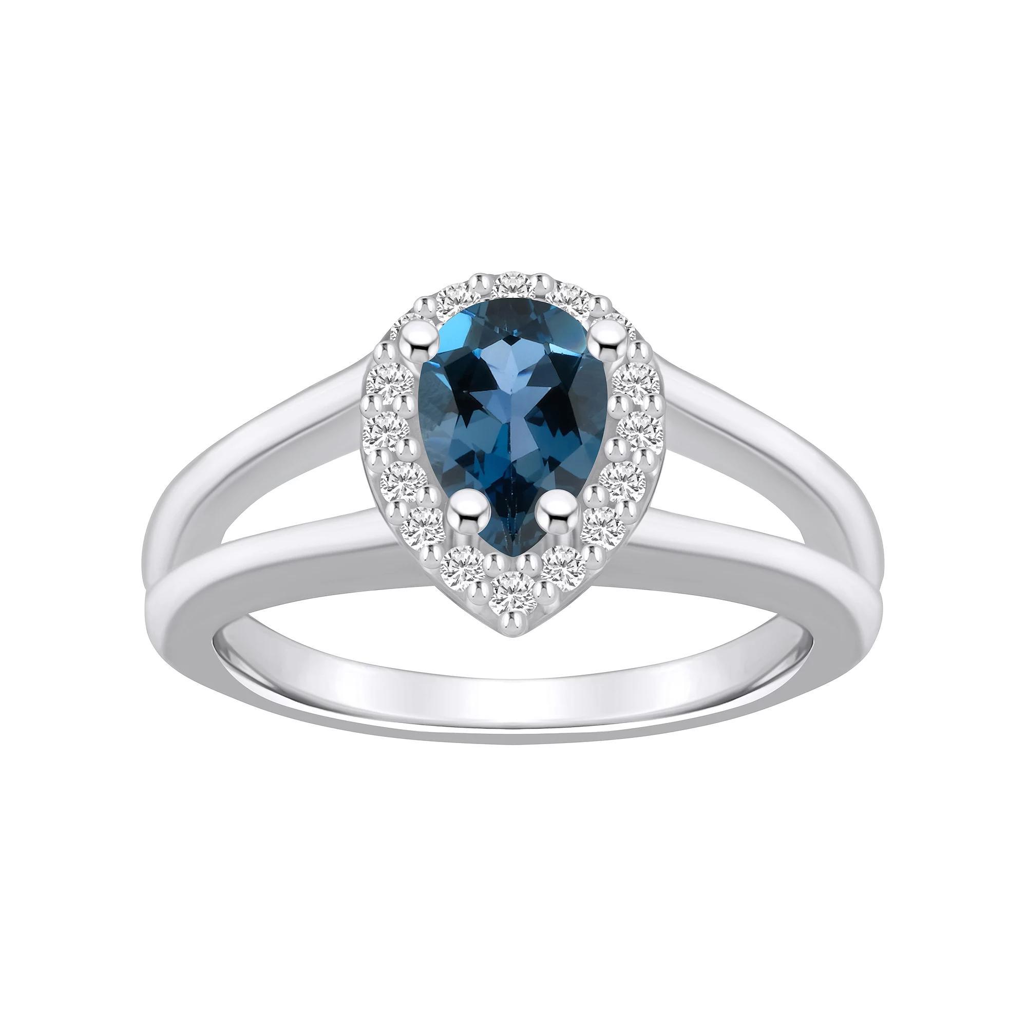 Alyson Layne 10k White Gold Pear Shape Gemstone 1/6 Carat T.W. Diamond Halo Ring, Women's, Size: 5, London Blue Topaz Product Image