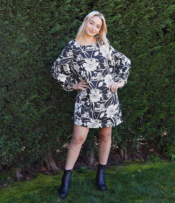 Bryn Walker Modal Ponti Floral Print Round Neck Long Sleeve Lantern Dress Product Image