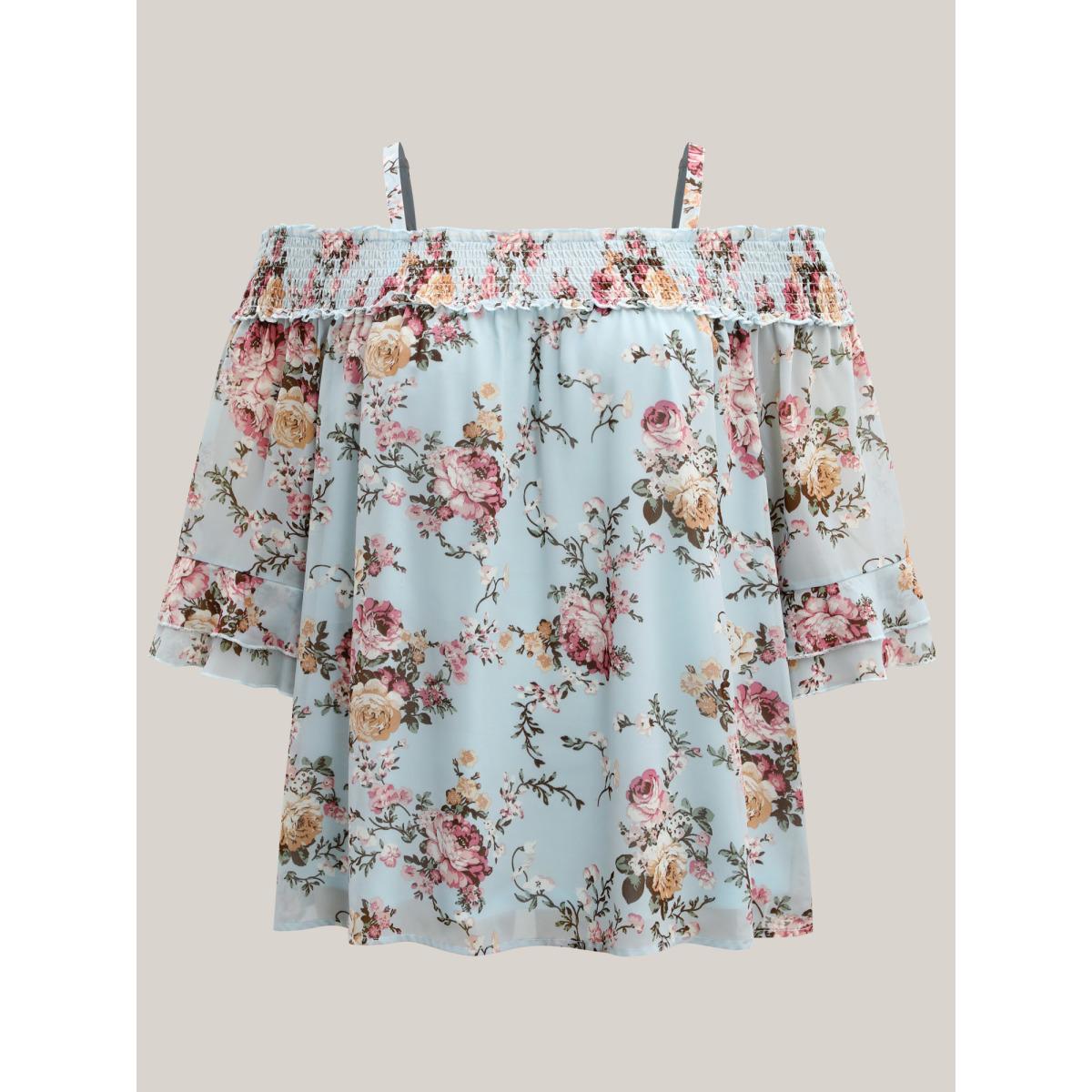 Plus Size LightBlue Shirred Off-Shoulder Chiffon Floral Blouse Women Elbow-length sleeve One-shoulder neck Vacation Blouses BloomChic 14-16/1X Product Image