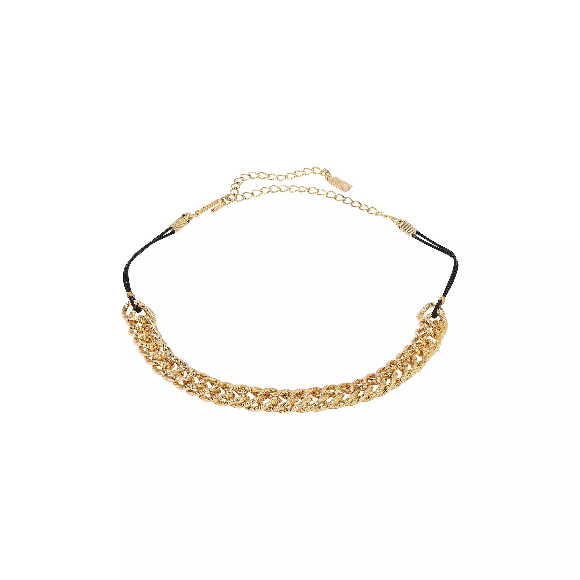 1928 Gold Tone Chain Thin Black Rope Choker Necklace, Womens Product Image