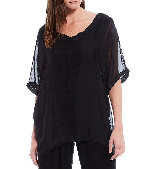 M Made in Italy V-Neck Sheer Sleeve Coordinating Sharkbite Hem Silky Woven Top Product Image
