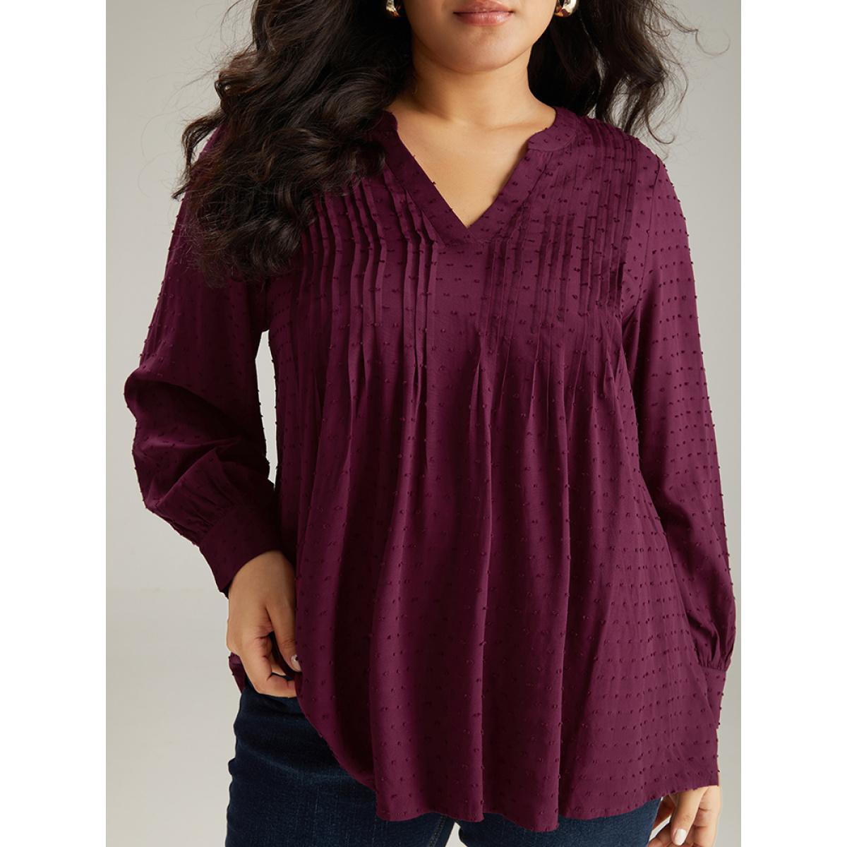 Plus Size Burgundy Plicated Detail Polka Dot Blouse Women Elegant Long Sleeve V-neck Dailywear Blouses BloomChic 30/6X Product Image