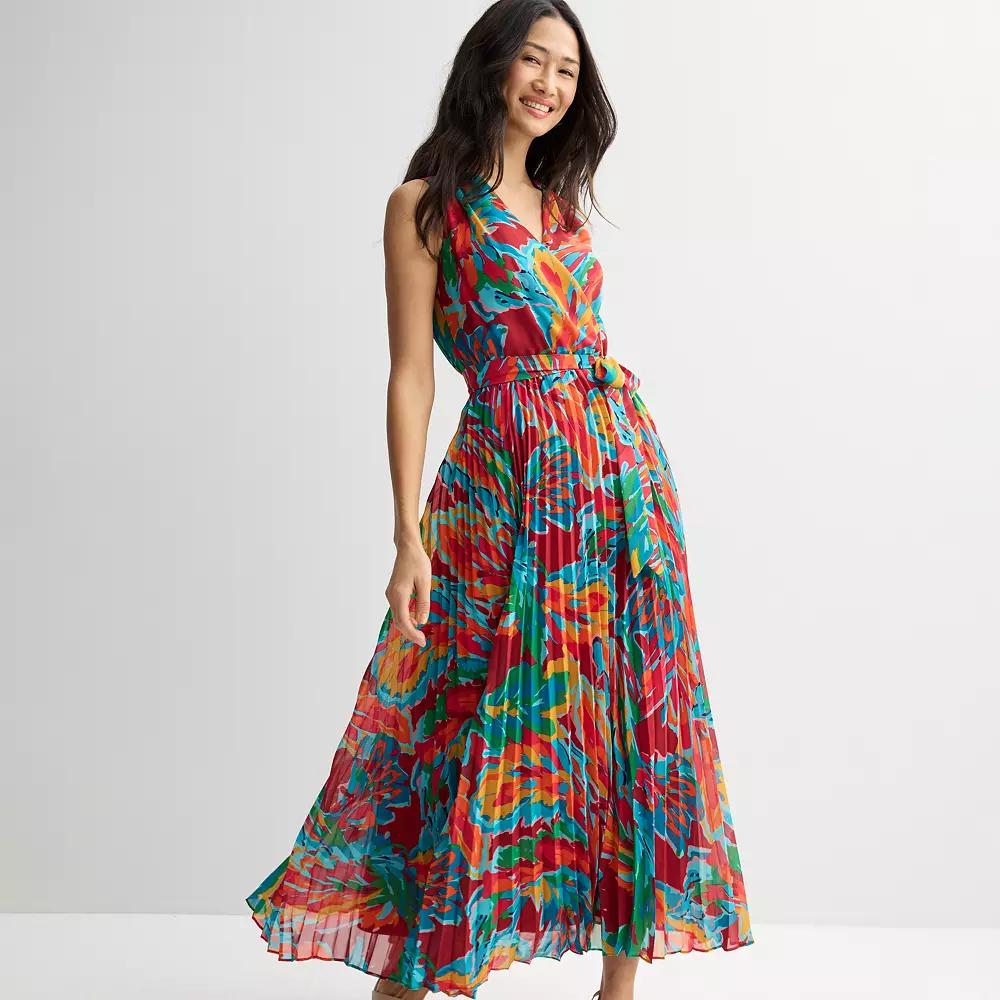 Women's Sandra Darren Sleeveless Surplice Pleated Maxi Dress, Size: 10, Abstract Team Product Image