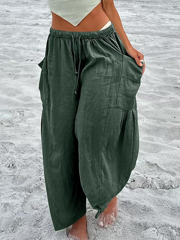 High Waisted Loose Drawstring Elasticity Pleated Pockets Solid Color Ninth Pants Trousers Product Image