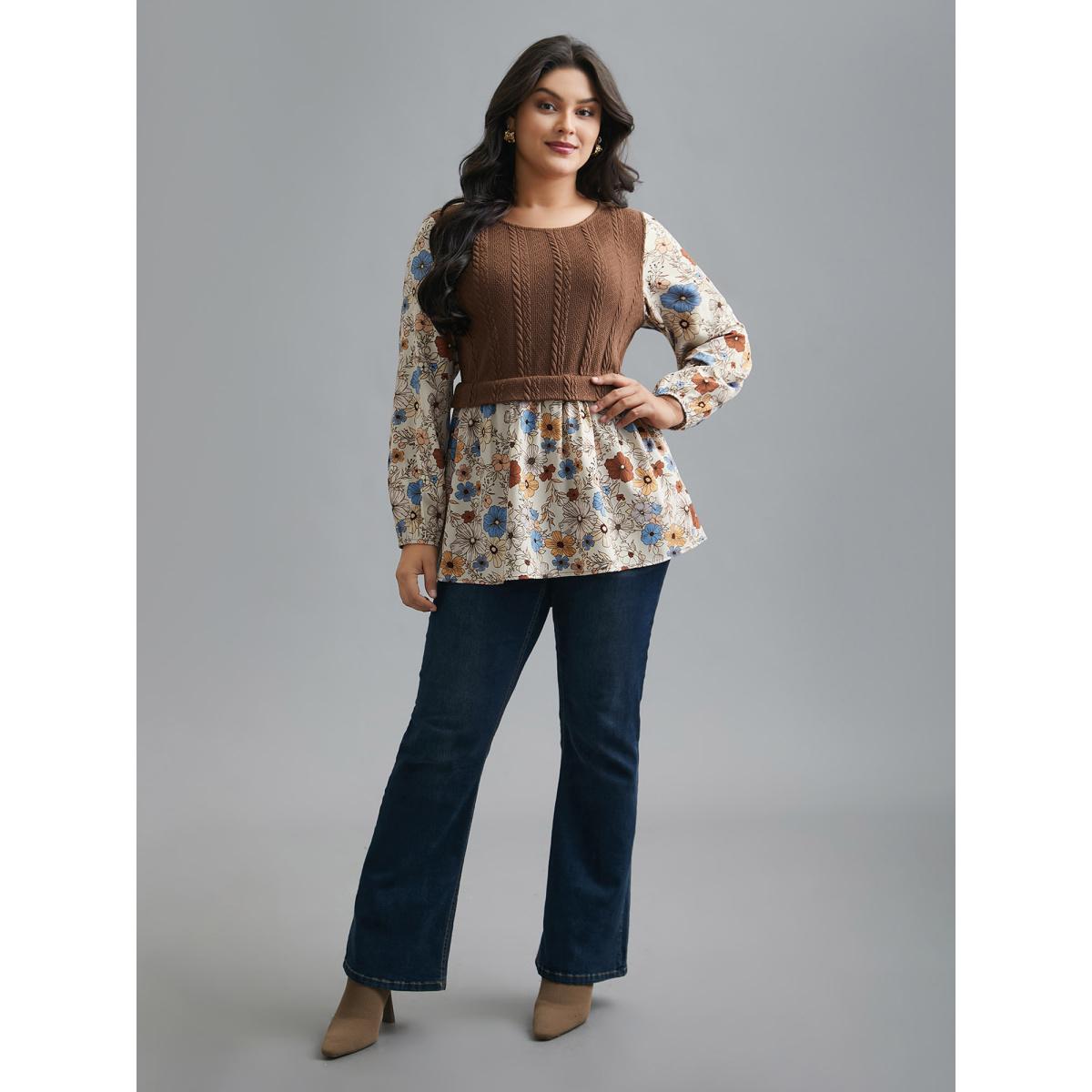 Plus Size Multicolor Mixed Texture Floral Combined Blouse Women Elegant Long Sleeve Round Neck Everyday Blouses BloomChic 18-20/2X Product Image
