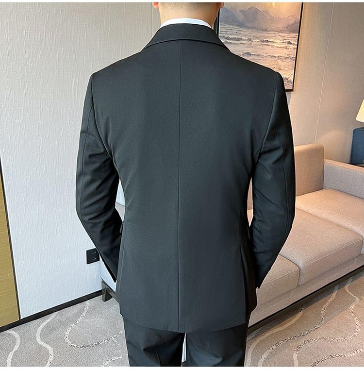 Set: Peak Lapel Plain Double-Breasted Blazer + V-Neck Single-Breasted Vest + High Waist Straight Leg Dress Pants Product Image