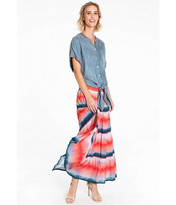 John Mark Button Up Tie Front Short Kimono Sleeve Split Round Neck Embroidered Blouse Product Image