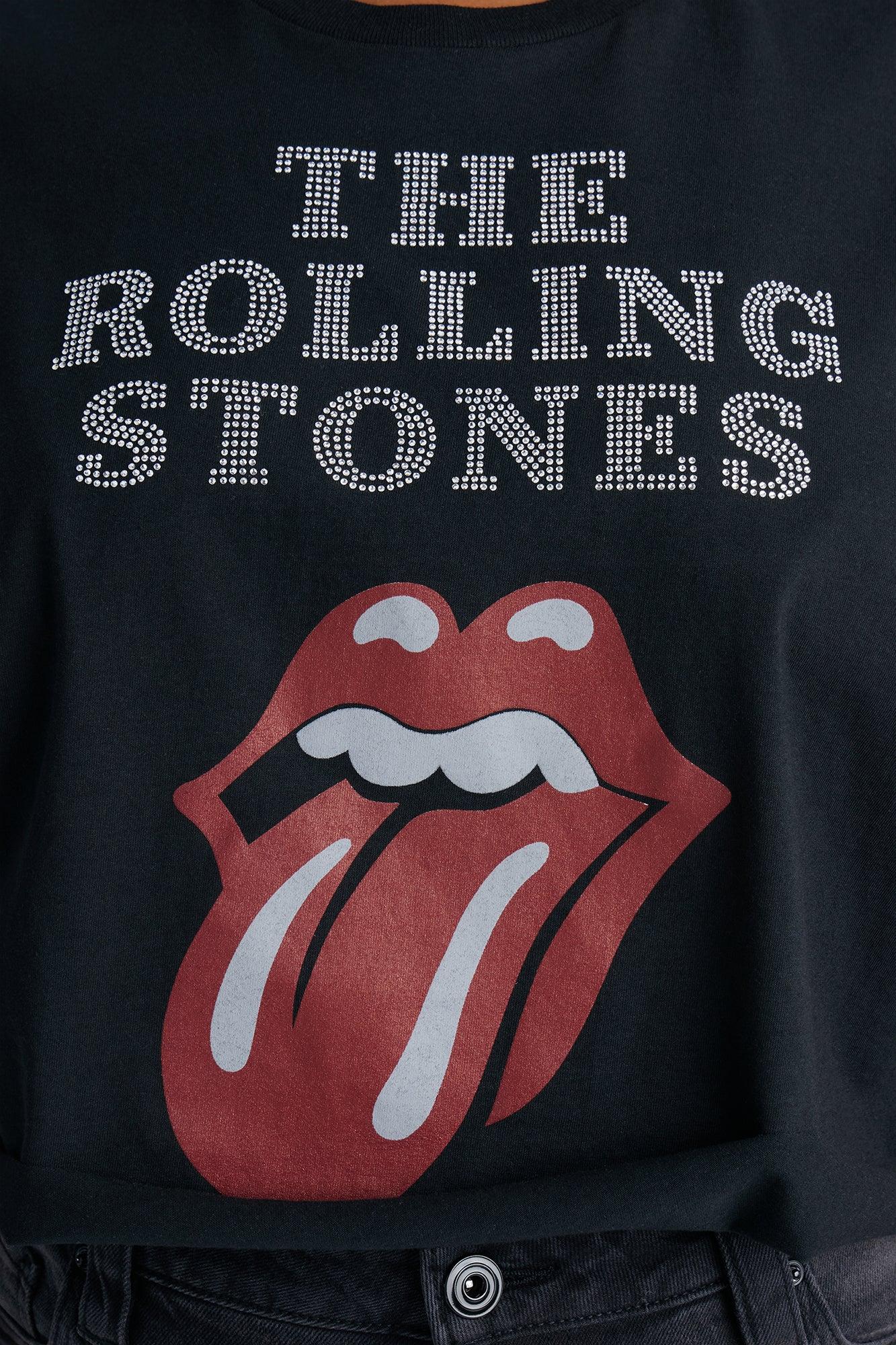 The Rolling Stones Cropped Muscle Tee With Rhinestones - Black Female Product Image