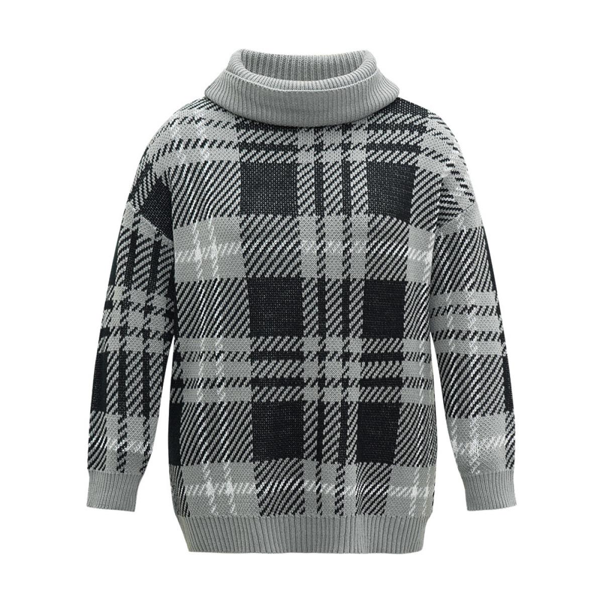 Plus Size Plaid Turtle Neck Drop Shoulder Pullover Multicolor Women Casual Loose Long Sleeve Turtleneck Dailywear Pullovers BloomChic 26/4X Product Image