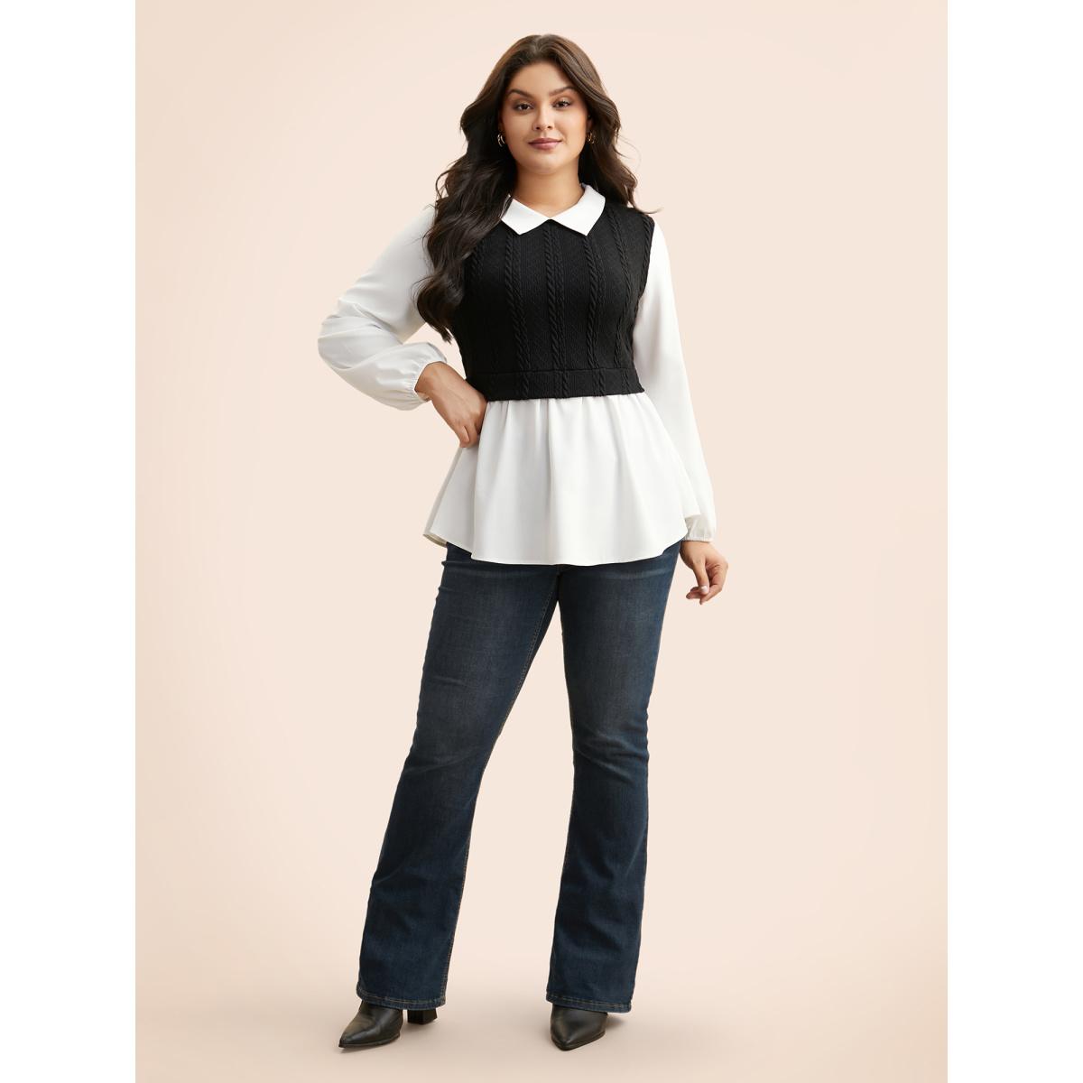 Plus Size Originalwhite Peter Pan Collar Patchwork Contrast Blouse Women Elegant Long Sleeve Peter Pan collar Everyday Blouses BloomChic 14-16/1X Product Image