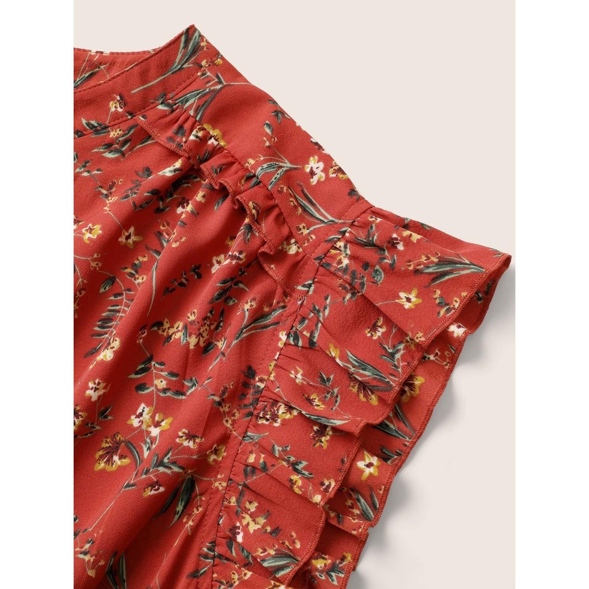 Plus Size Floral Print Frill Notched Flutter Sleeve Dress Raspberry Women Timeless Non Notched collar Sleeveless Curvy Midi Dress BloomChic 18-20/2X Product Image