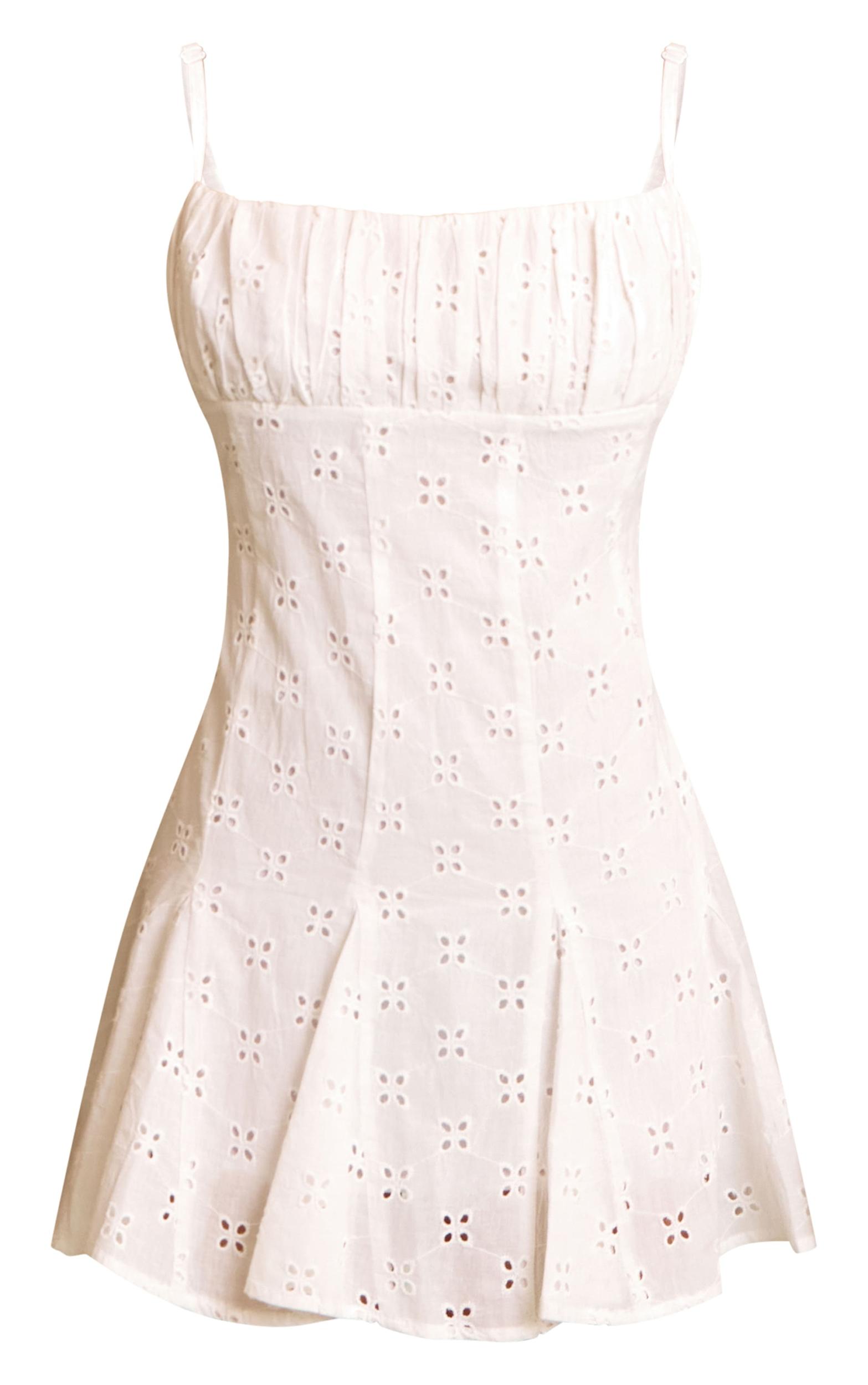 White Broderie Strappy Pleated Shift Dress Product Image