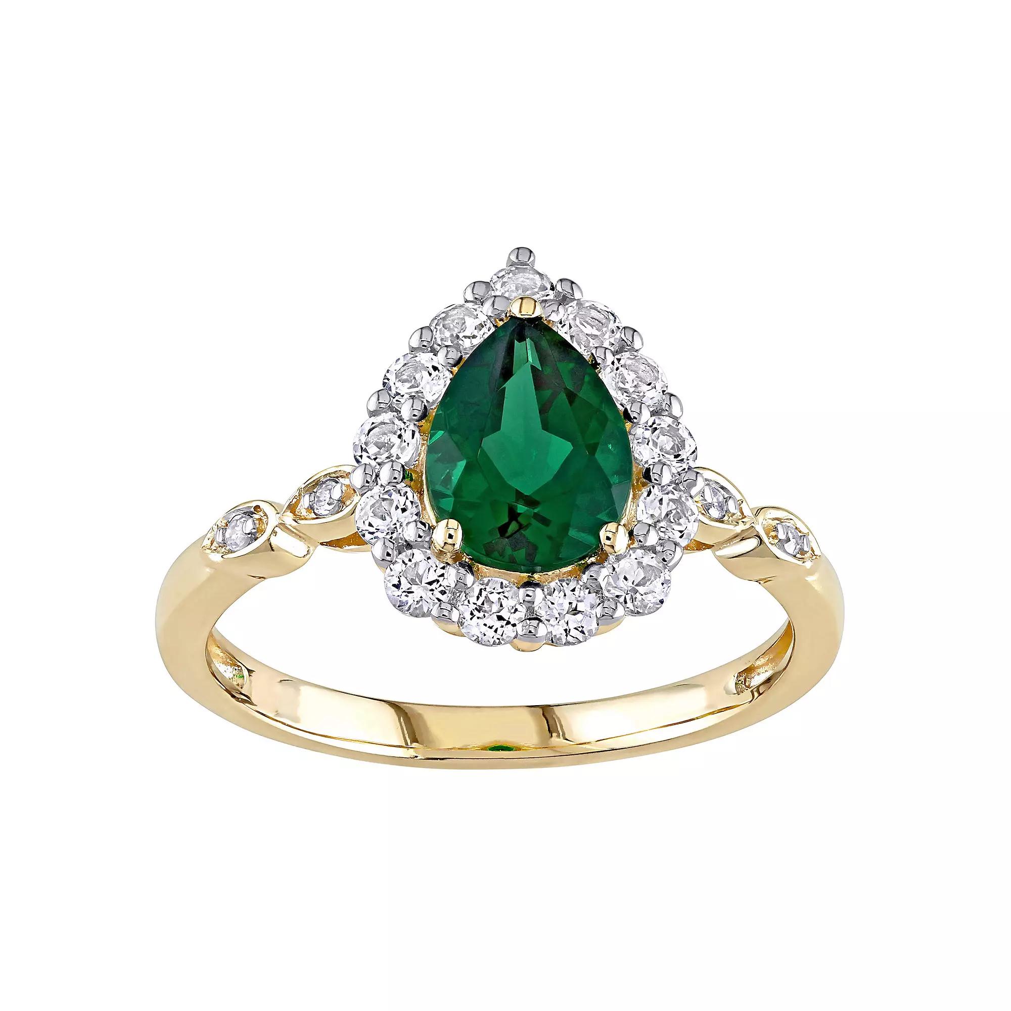Stella Grace 10k Gold Lab-Created Emerald & Lab-Created White Topaz Teardrop Halo Ring, Women's, Size: 7.50 Product Image