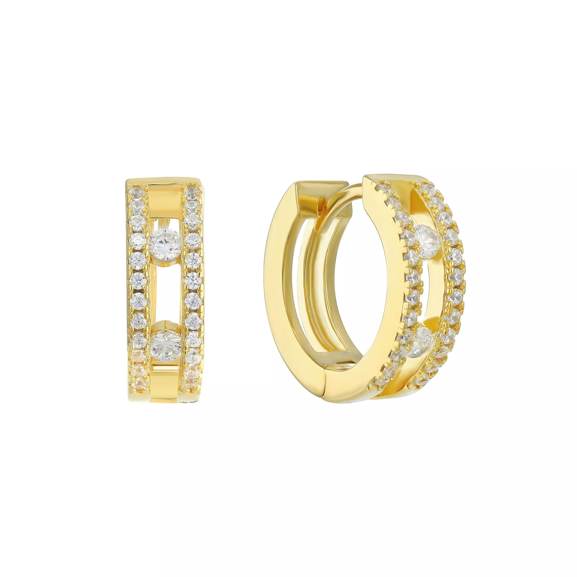 Argento Forte 14k Gold Over Sterling Silver Cubic Zirconia Double-Row Huggie Earrings, Women's Product Image