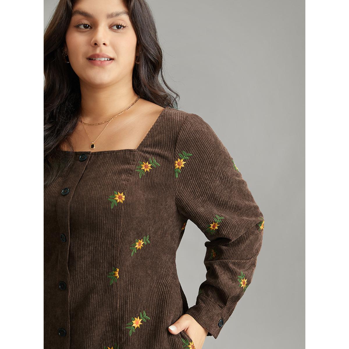 Plus Size Ditsy Floral Embroidered Corduroy Square Neck Dress DarkBrown Women Elegant Elastic cuffs Square Neck Long Sleeve Curvy Midi Dress BloomChic 10/M Product Image