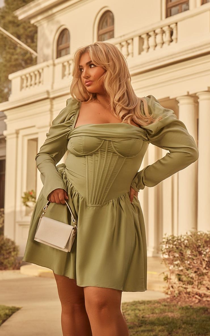 Plus Sage Green Satin Corset Detail Puffball Shift Dress Product Image