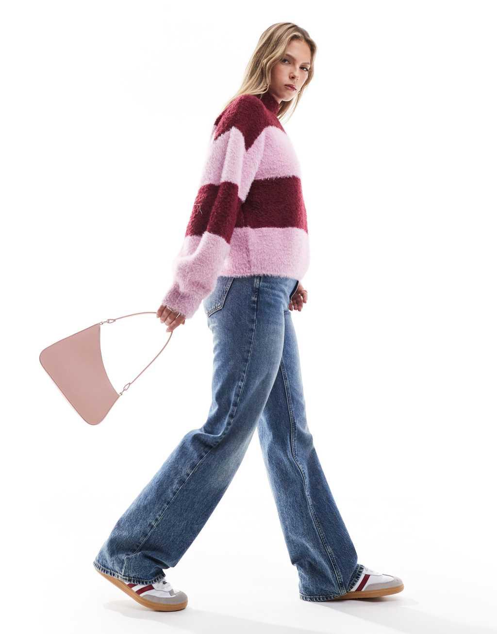 Brave Soul high neck sweater in burgundy and lilac stripe  Product Image