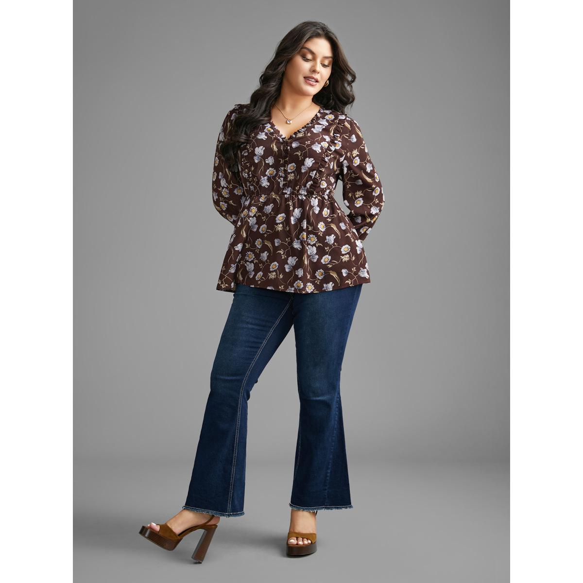 Plus Size DarkBrown Floral Lantern Sleeve Frill Trim Blouse Women Elegant Long Sleeve V-neck Everyday Blouses BloomChic 28/5X Product Image
