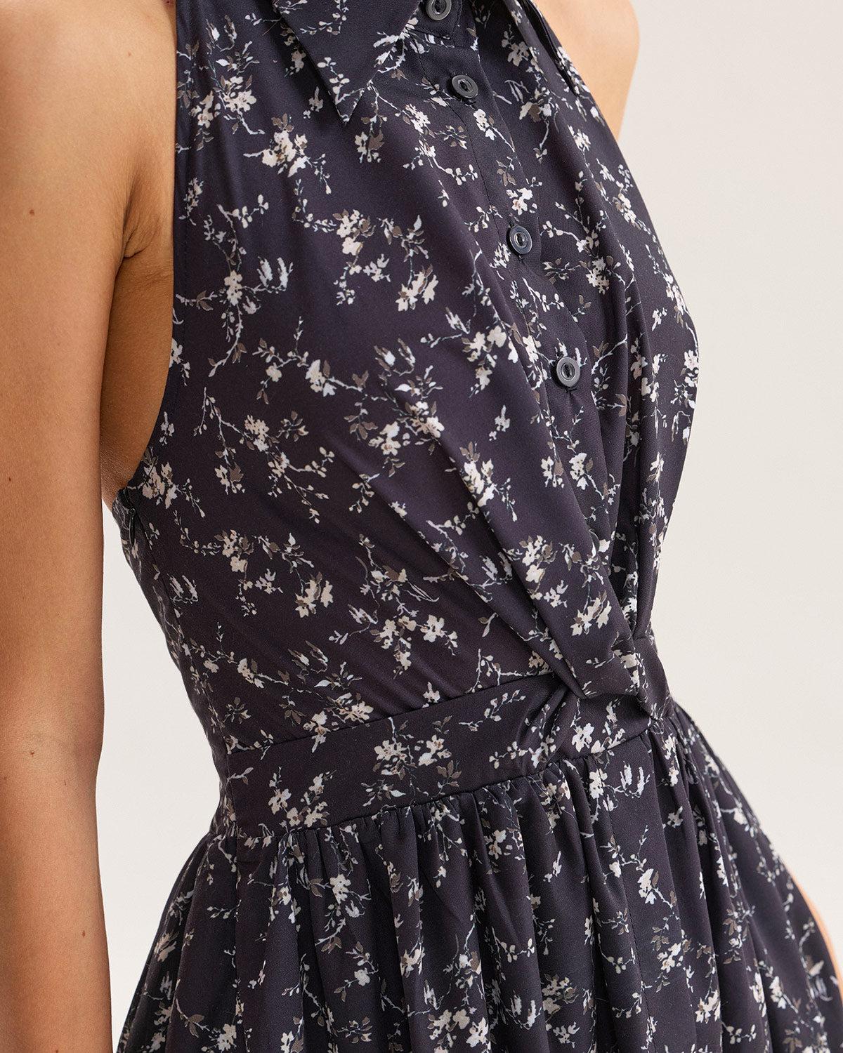 Black Floral Shirred Backless Midi Dress Product Image