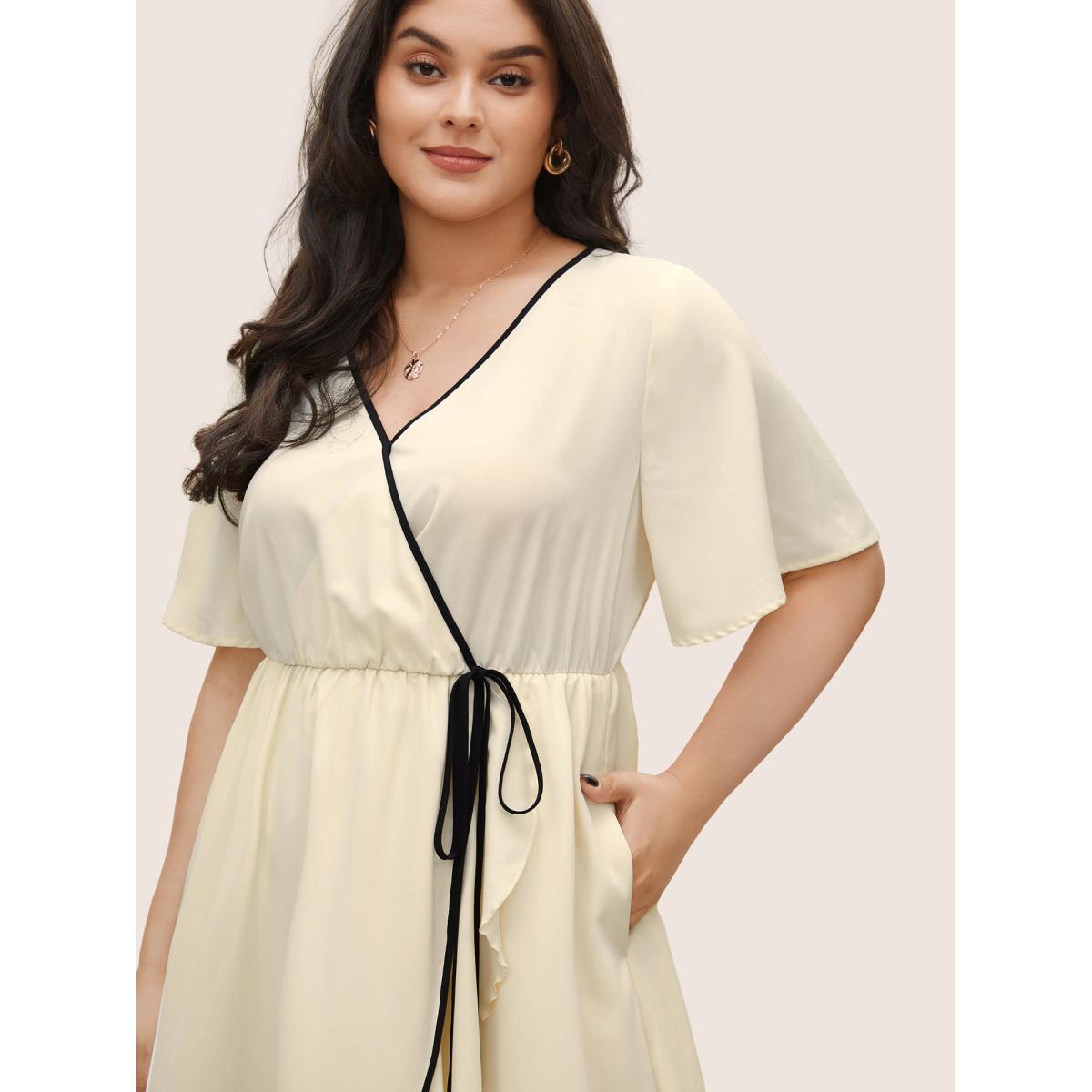 Plus Size Anti-Wrinkle Wrap Tiered Ruffles Contrast Ties Dress Beige Women At the Office Non Overlap Collar Short sleeve Curvy Midi Dress BloomChic 30/6X Product Image