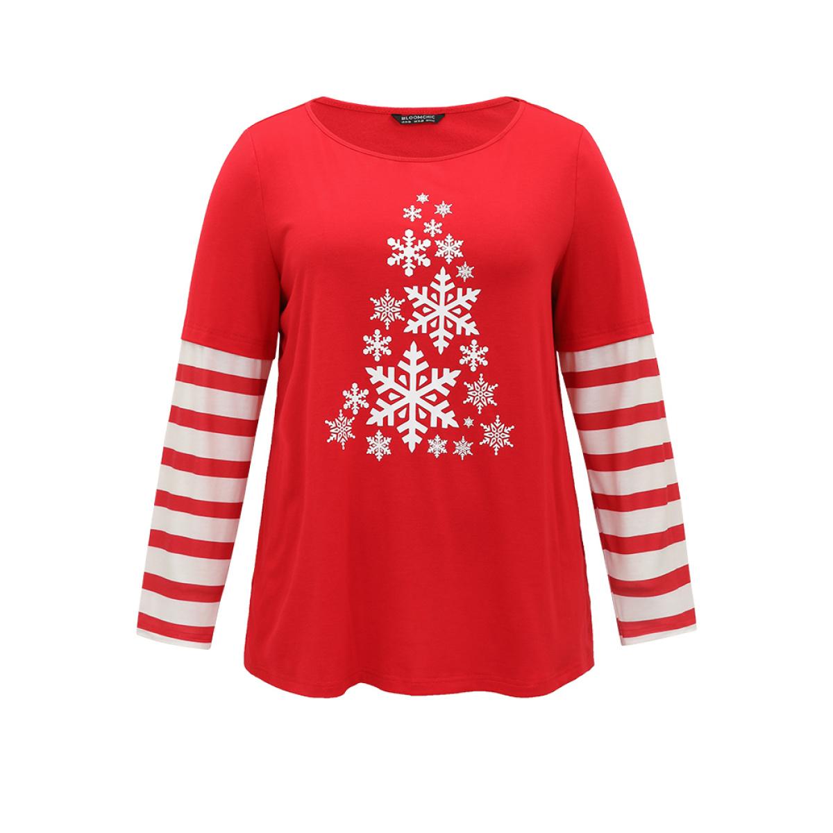 Plus Size Snowflake Striped Patchwork T-shirt Red Women Casual Contrast Christmas Round Neck Festival-Christmas T-shirts BloomChic 28/5X Product Image