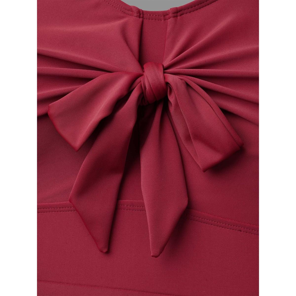 Plus Size Front-Tie Bow Flutter Sleeve Gathered Swim Dress Women's Swimwear Burgundy Beach Bodycon U-neck High stretch Curve Swim Dresses BloomChic 12/L Product Image