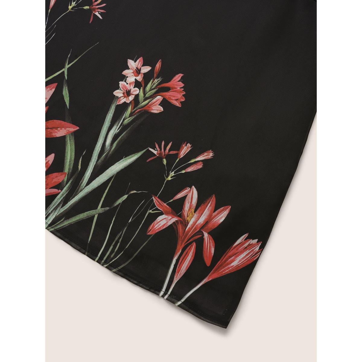 Plus Size Black Boho Print Mesh Patchwork Frill Trim Blouse Women Elegant Short sleeve V-neck Everyday Blouses BloomChic 12/L Product Image