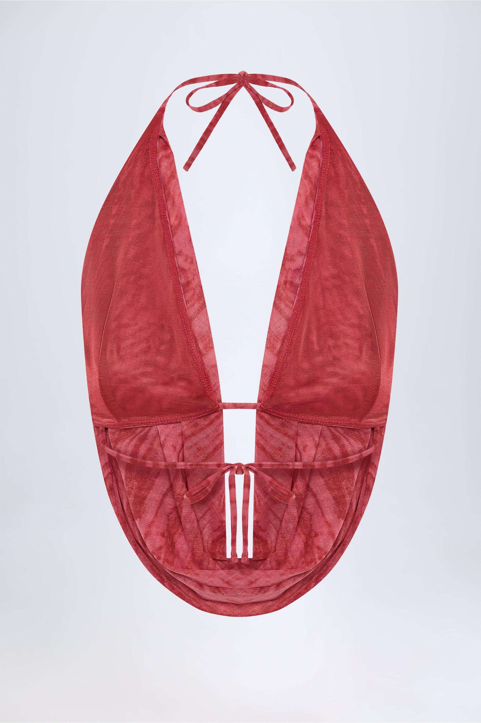 Cowl-Neck Backless Crop Top in Red Print Product Image