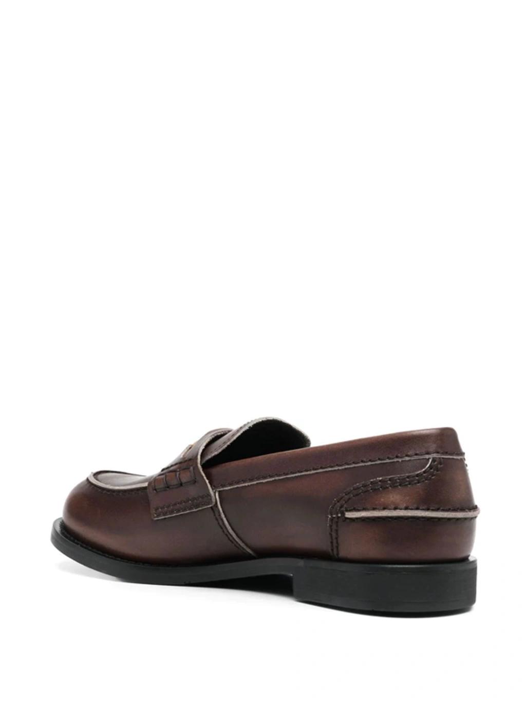 MIU MIU Leather Distressed Penny Loafers In Brown Product Image