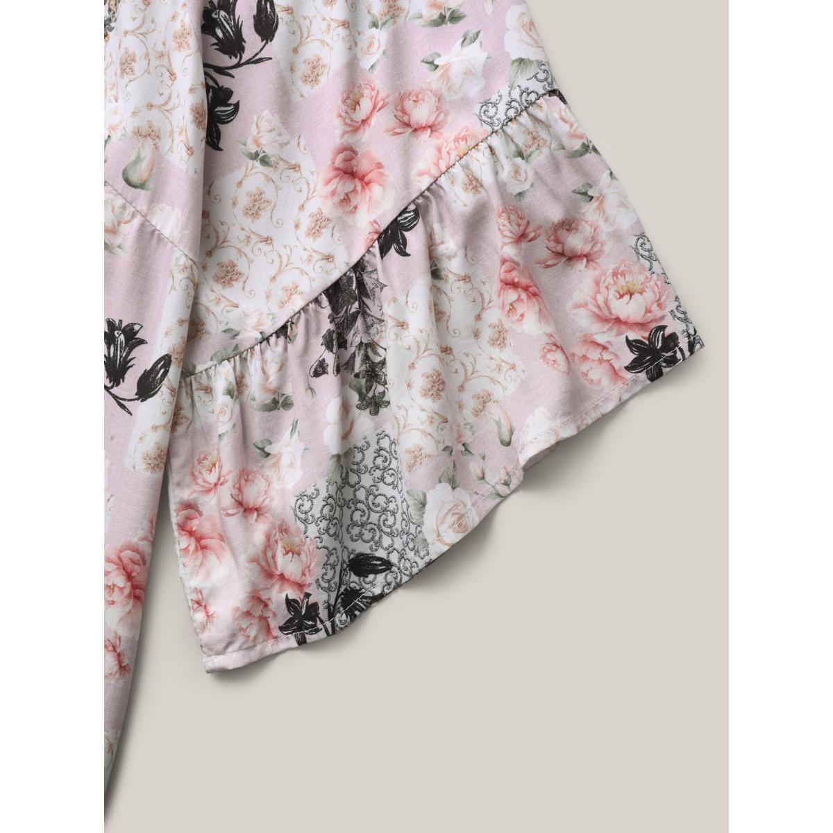 Plus Size Multicolor Floral Shirred Neck Flowy Blouse Women Elbow-length sleeve Round Neck Elegant Blouses BloomChic 22-24/3X Product Image