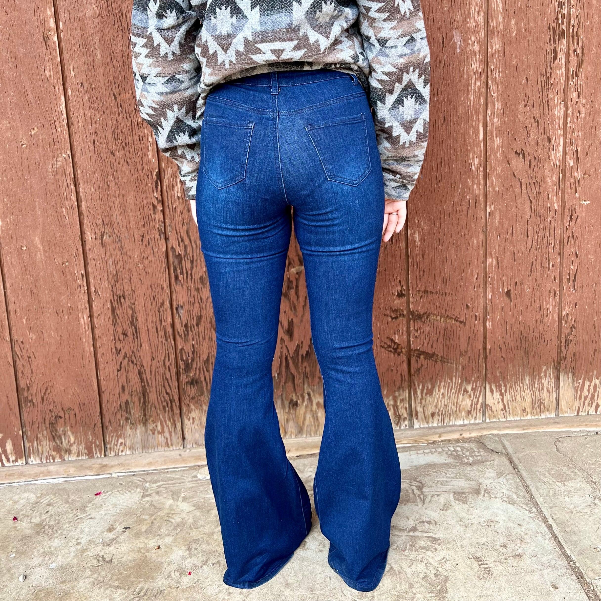 Dark Wash High Rise Stretch Denim Bell Bottoms Product Image