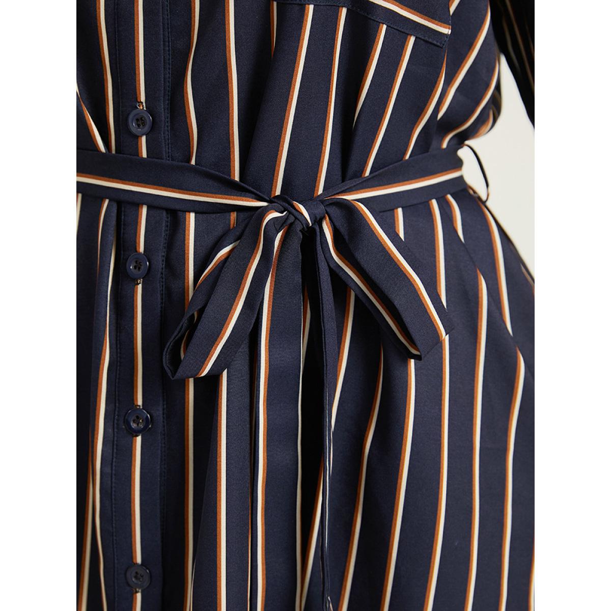 Plus Size Striped Belted Lantern Sleeve Button Through Dress Indigo Women At the Office Belted Shirt collar Long Sleeve Curvy Midi Dress BloomChic 18-20/2X Product Image