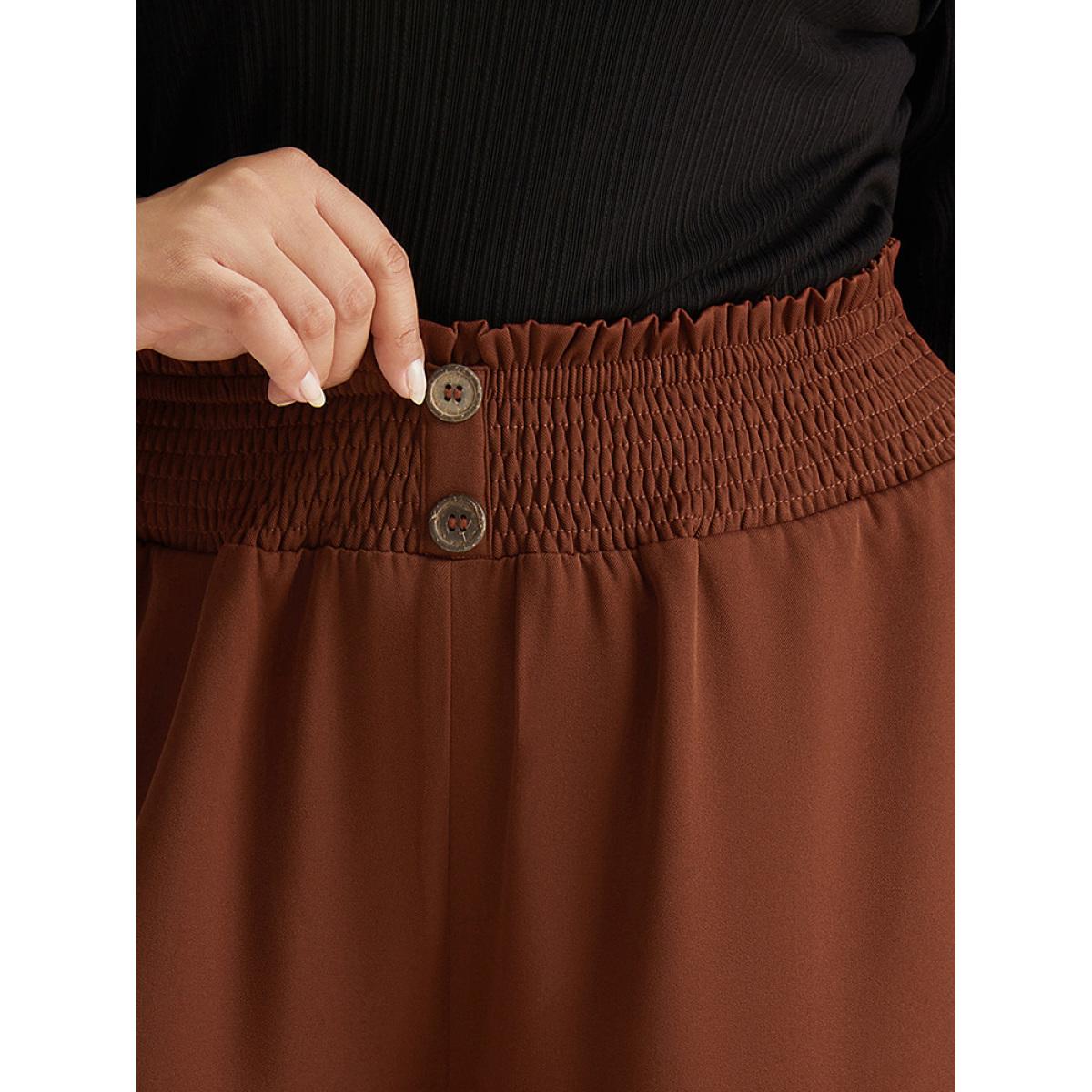 Plus Size Paperbag Waist Button Detail Shirred Pants Women Rust Office Wide Leg High Rise Work Pants BloomChic 10/M Product Image
