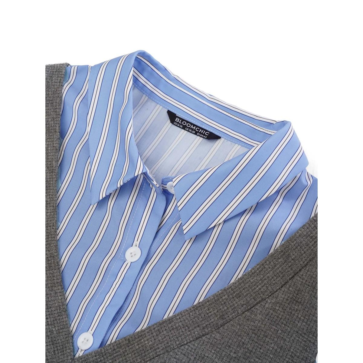 Plus Size 2-In-1 Striped Patchwork Waffle Knit Sweatshirt Women Gray Casual Waffle Knit Shirt collar Dailywear Sweatshirts BloomChic 22-24/3X Product Image