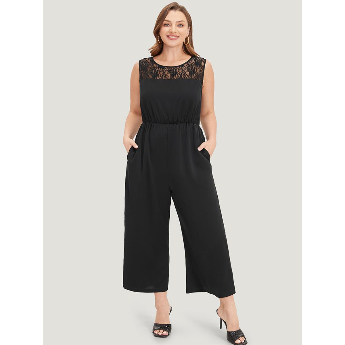 Plus Size Black Solid Lace Mesh Pocket Sleeveless Jumpsuit Women Elegant Sleeveless Round Neck Dailywear Loose Jumpsuits BloomChic 12/L Product Image