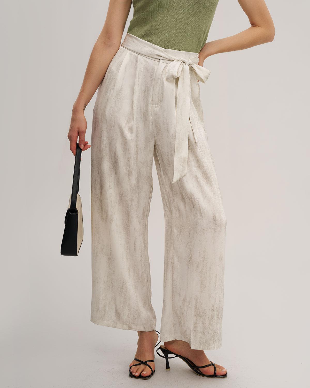 White Elastic Waist Wide Leg Pants Product Image