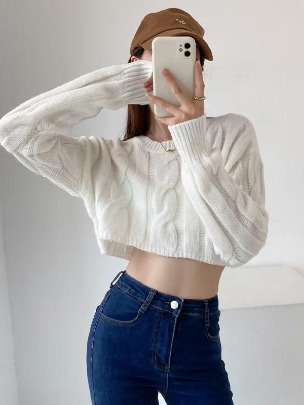 Solid Color Cable Knit Cropped Sweater Product Image