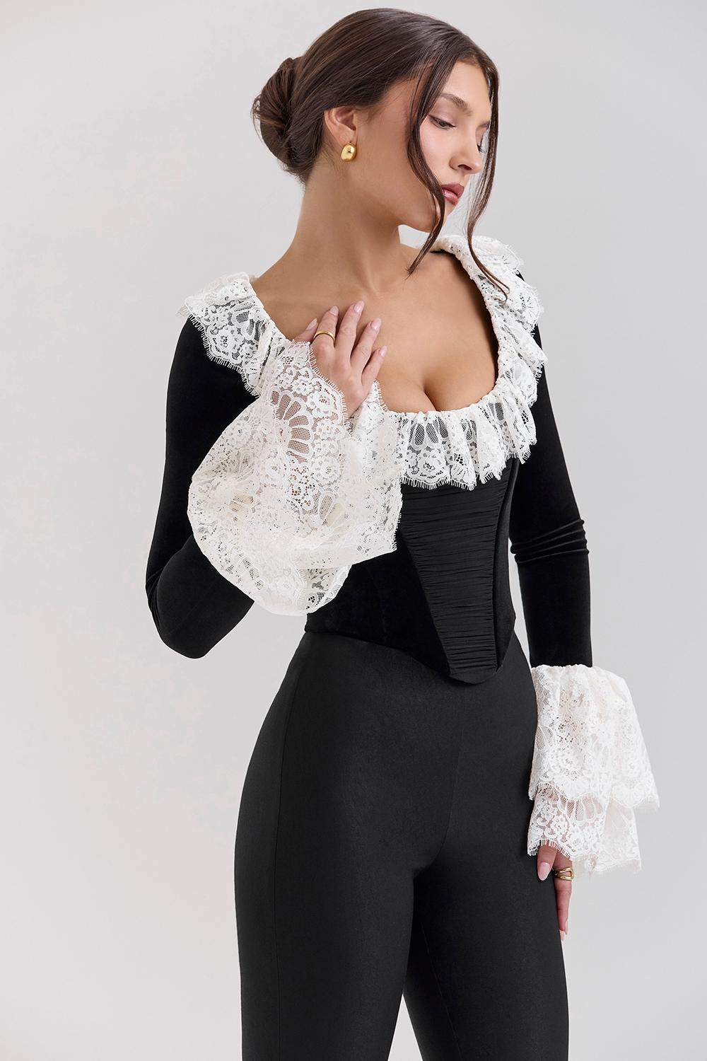 Jacinda  black velvet lace trimmed corset top - sale Product Image