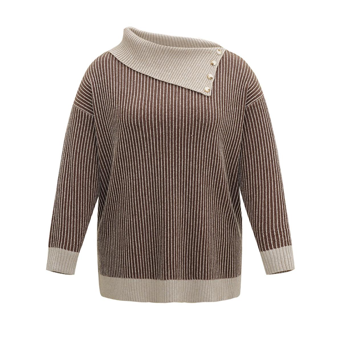 Plus Size Supersoft Essentials Striped Button Detail Pullover DarkBrown Women Casual Loose Long Sleeve Asymmetrical Neck Dailywear Pullovers BloomChic 12/L Product Image