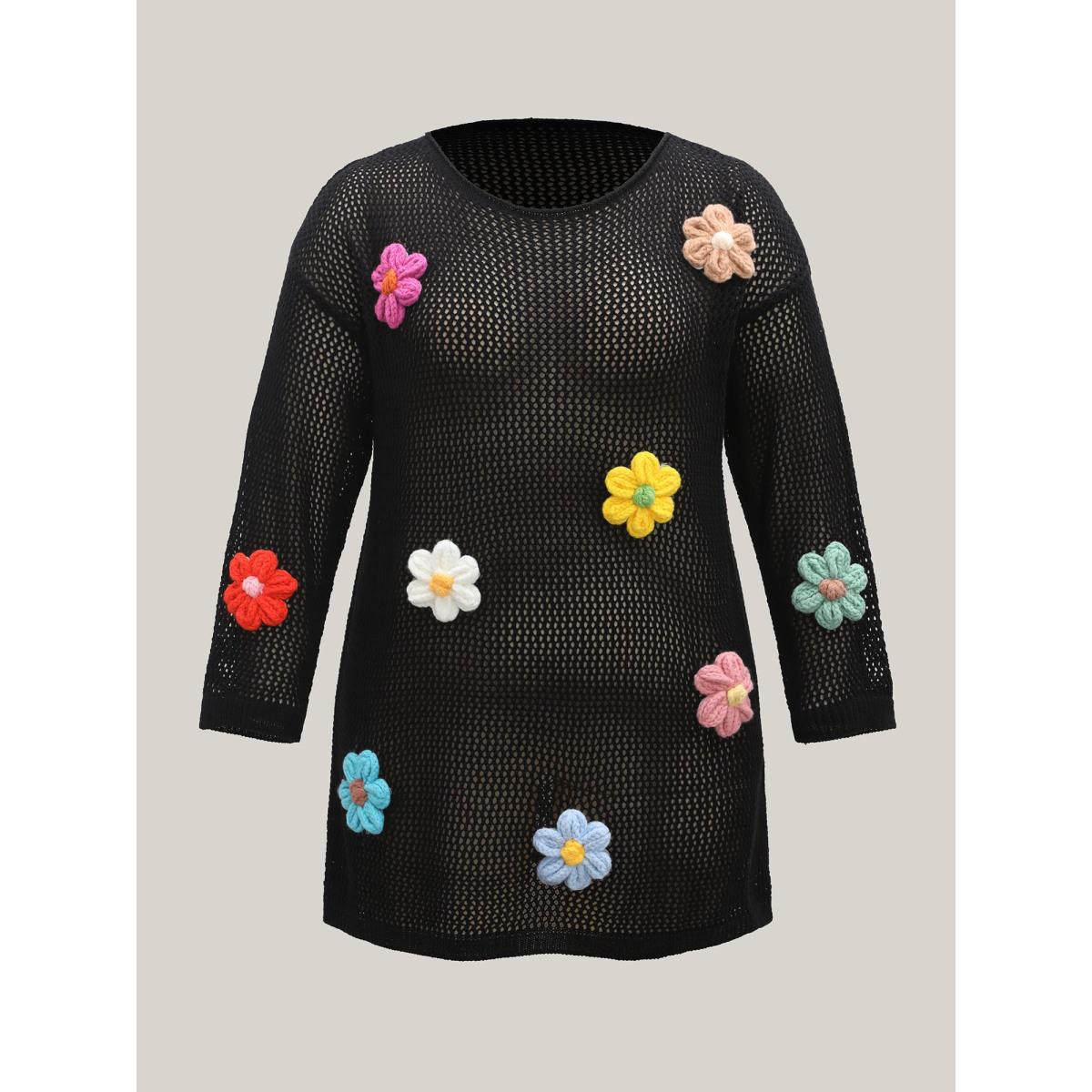 Plus Size Crochet Floral Cut-Out Swim Cover-Up Women's Swimwear Black Beach Loose Crochet Curve Swim Cover Ups BloomChic 12/L Product Image