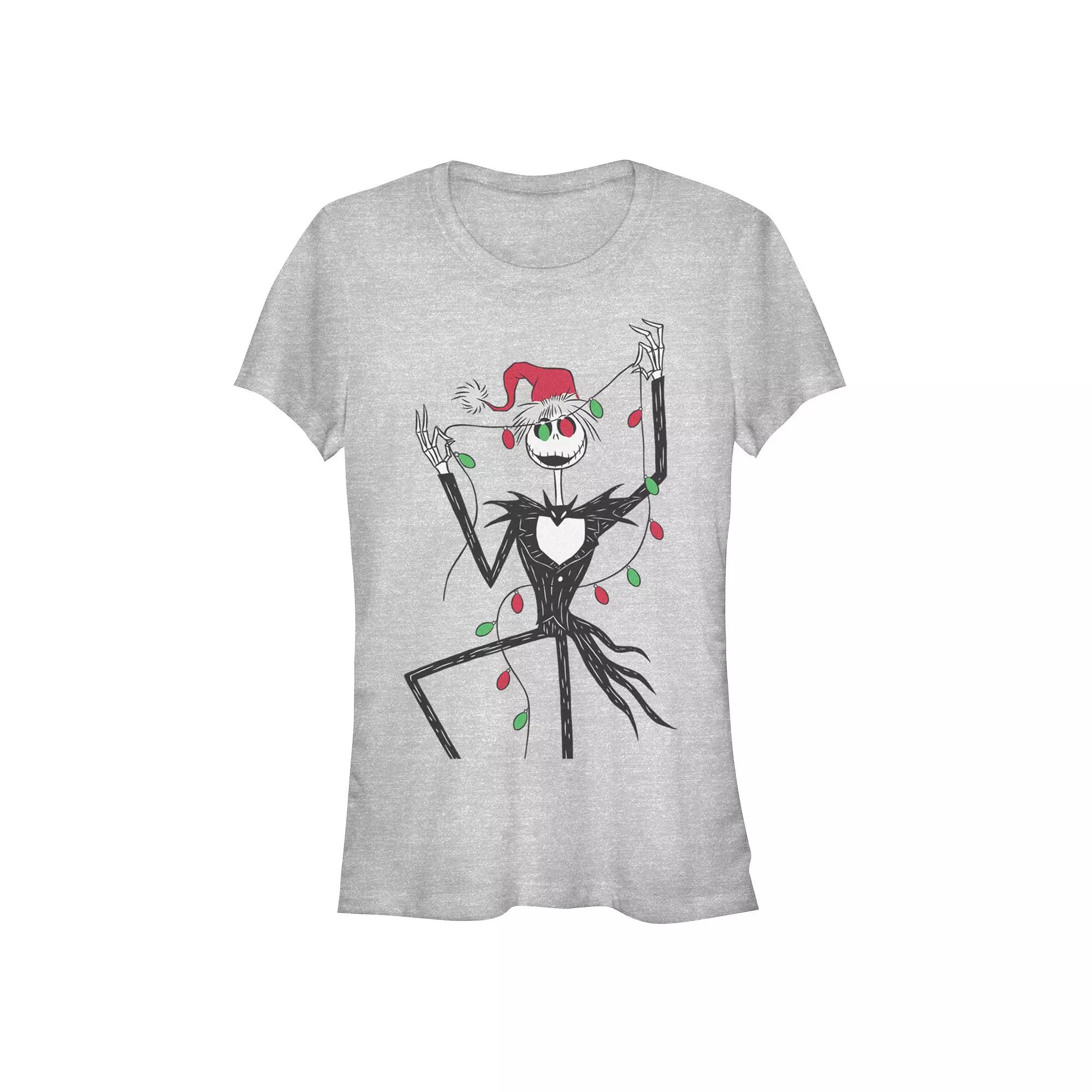 Disney's The Nightmare Before Christmas Jack Skellington Holding Christmas Lights Juniors' Fitted Graphic Tee, Girl's, Size: XXL, Athletic Grey Product Image