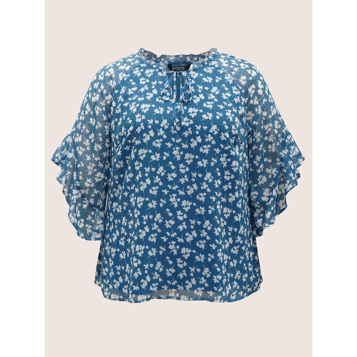 Plus Size Cerulean Floral Tie Knot Flutters Bell Sleeve Blouse Women Elegant Half Sleeve V-neck Everyday Blouses BloomChic 26/4X Product Image