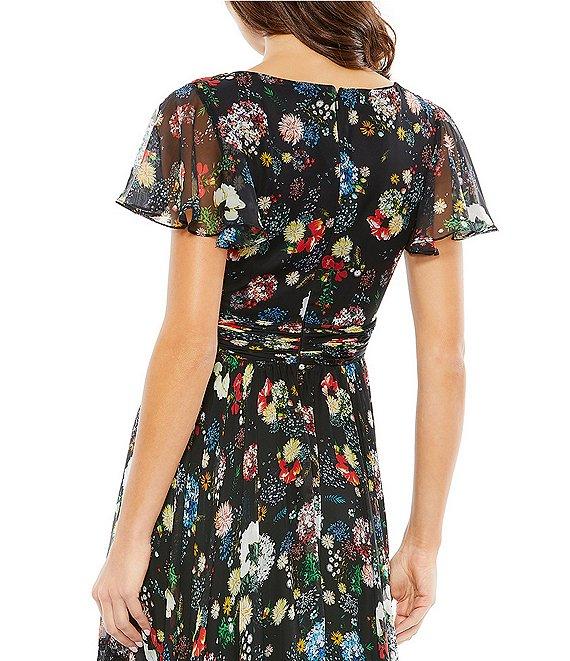 Mac Duggal Floral Print Short Flutter Sleeve Plunge V-Neck Pleated Tiered A-Line Gown Product Image