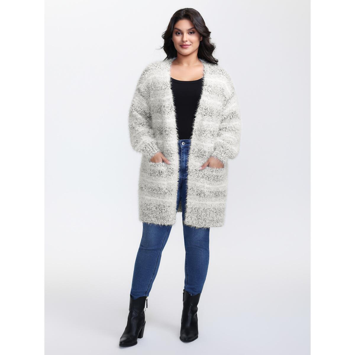 Plus Size Plush Textured Striped Knit Cardigan LightGray Women Playful Loose Long Sleeve Casual Cardigans BloomChic 22-24/3X Product Image